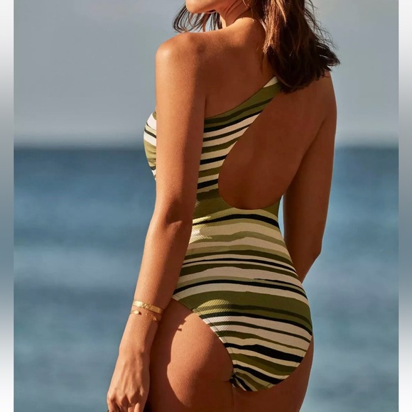 Seafolly Sun Stripe Green One Shoulder One-Piece Swimsuit - Picture 2 of 16